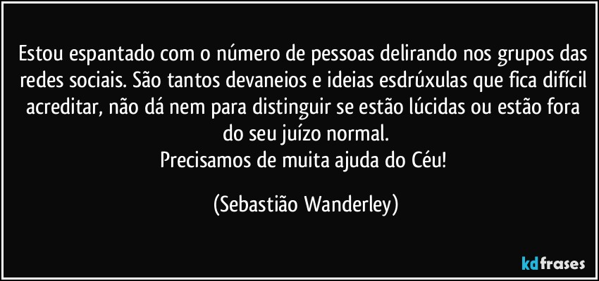 Estou espantado com o número de pessoas delirando nos grupos das redes sociais. São tantos devaneios e ideias esdrúxulas que fica difícil acreditar, não dá nem para distinguir se estão lúcidas ou estão fora do seu juízo normal.
Precisamos de muita ajuda do Céu! (Sebastião Wanderley)
