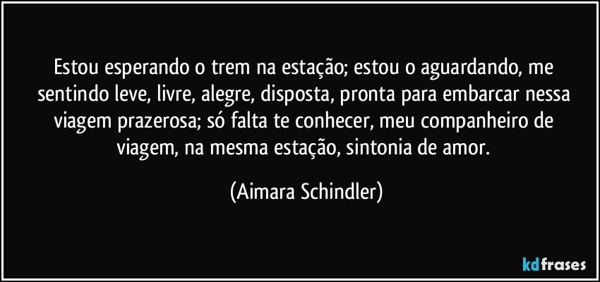 Estou esperando o trem na estação; estou o aguardando, me sentindo leve, livre, alegre, disposta, pronta para embarcar nessa viagem prazerosa; só falta te conhecer,  meu companheiro de viagem,  na mesma estação, sintonia de amor. (Aimara Schindler)