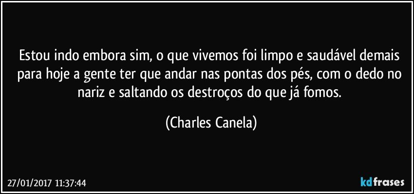 Estou indo embora sim, o que vivemos foi limpo e saudável demais para hoje a gente ter que andar nas pontas dos pés, com o dedo no nariz e saltando os destroços do que já fomos. (Charles Canela)