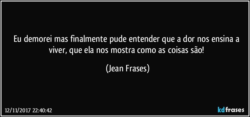 Eu demorei mas finalmente pude entender que a dor nos ensina a viver, que ela nos mostra como as coisas são! (Jean Frases)