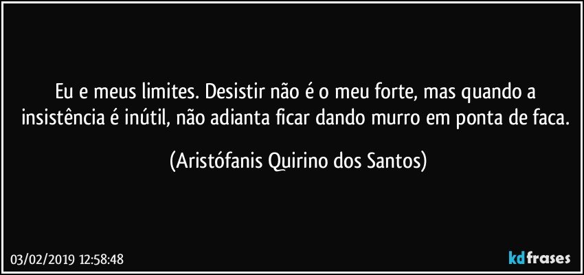 Eu e meus limites. Desistir não é o meu forte, mas quando a insistência é inútil, não adianta ficar dando murro em ponta de faca. (Aristófanis Quirino dos Santos)