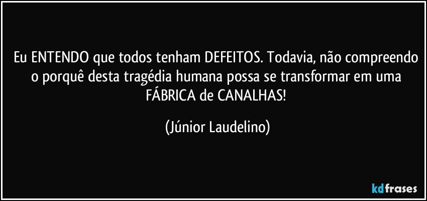 Eu ENTENDO que todos tenham DEFEITOS. Todavia, não compreendo o porquê desta tragédia humana possa se transformar em uma FÁBRICA de CANALHAS! (Júnior Laudelino)