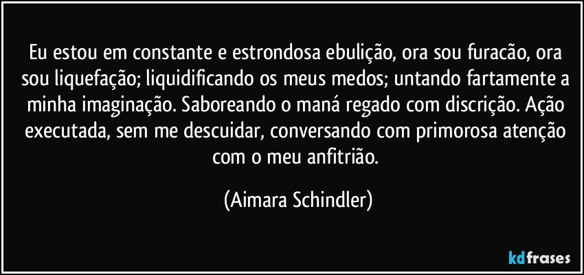 Eu estou em constante e estrondosa ebulição, ora sou furacão, ora sou liquefação; liquidificando os meus medos; untando fartamente a minha imaginação. Saboreando o maná regado com discrição. Ação executada, sem me descuidar, conversando com primorosa atenção com o meu anfitrião. (Aimara Schindler)