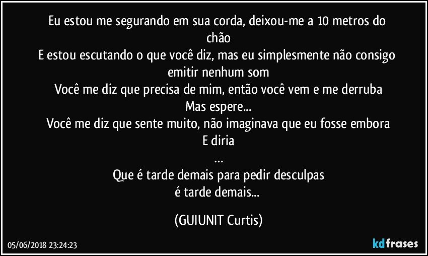 Eu estou me segurando em sua corda, deixou-me a 10 metros do chão
E estou escutando o que você diz, mas eu simplesmente não consigo emitir nenhum som
Você me diz que precisa de mim, então você vem e me derruba
Mas espere...
Você me diz que sente muito, não imaginava que eu fosse embora
E diria
…
Que é tarde demais para pedir desculpas
é tarde demais... (GUIUNIT Curtis)