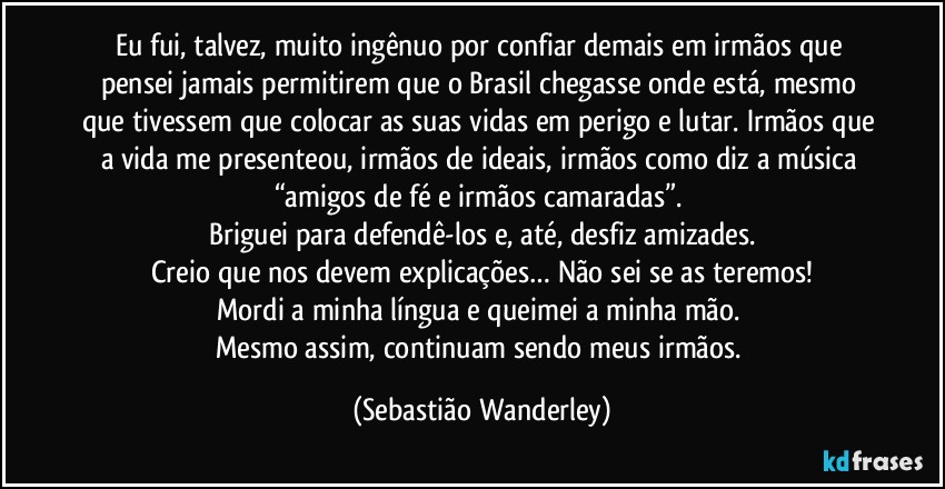 Eu fui, talvez, muito ingênuo por confiar demais em irmãos que pensei jamais permitirem que o Brasil chegasse onde está, mesmo que tivessem que colocar as suas vidas em perigo e lutar. Irmãos que a vida me presenteou, irmãos de ideais, irmãos como diz a música “amigos de fé e irmãos camaradas”. 
Briguei para defendê-los e, até, desfiz amizades.
Creio que nos devem explicações… Não sei se as teremos!
Mordi a minha língua e queimei a minha mão. 
Mesmo assim, continuam sendo meus irmãos. (Sebastião Wanderley)