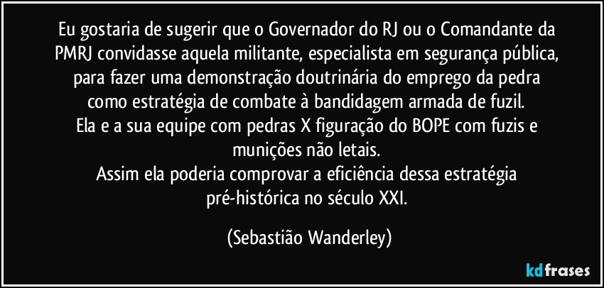 Eu gostaria de sugerir que o Governador do RJ ou o Comandante da PMRJ convidasse aquela militante, especialista em segurança pública, para fazer uma demonstração doutrinária do emprego da pedra como estratégia de combate à bandidagem armada de fuzil.
Ela e a sua equipe com pedras X figuração do BOPE com fuzis e munições não letais.
Assim ela poderia comprovar a eficiência dessa estratégia pré-histórica no século XXI. (Sebastião Wanderley)