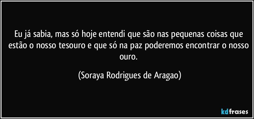 Eu já sabia, mas só hoje entendi que são nas pequenas coisas que estão o nosso tesouro e que só na paz poderemos encontrar o nosso ouro. (Soraya Rodrigues de Aragao)