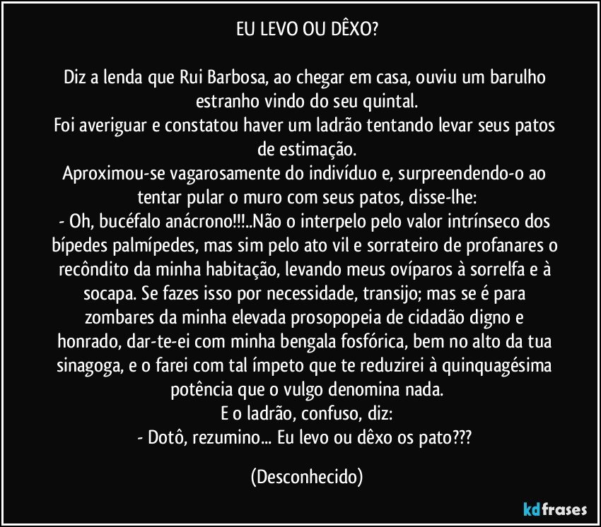 EU LEVO OU DÊXO?

Diz a lenda que Rui Barbosa, ao chegar em casa, ouviu um barulho estranho vindo do seu quintal.
Foi averiguar e constatou haver um ladrão tentando levar seus patos de estimação.
Aproximou-se vagarosamente do indivíduo e, surpreendendo-o ao tentar pular o muro com seus patos, disse-lhe:
- Oh, bucéfalo anácrono!!!..Não o interpelo pelo valor intrínseco dos bípedes palmípedes, mas sim pelo ato vil e sorrateiro de profanares o recôndito da minha habitação, levando meus ovíparos à sorrelfa e à socapa. Se fazes isso por necessidade, transijo; mas se é para zombares da minha elevada prosopopeia de cidadão digno e honrado, dar-te-ei com minha bengala fosfórica, bem no alto da tua sinagoga, e o farei com tal ímpeto que te reduzirei à quinquagésima potência que o vulgo denomina nada.
E o ladrão, confuso, diz:
- Dotô, rezumino... Eu levo ou dêxo os pato??? (Desconhecido)