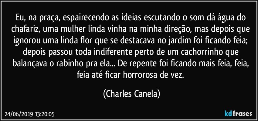 Eu, na praça, espairecendo as ideias escutando o som dá água do chafariz, uma mulher linda vinha na minha direção, mas depois que ignorou uma linda flor que se destacava no jardim foi ficando feia; depois passou toda indiferente perto de um cachorrinho que balançava o rabinho pra ela... De repente foi ficando mais feia, feia, feia até ficar horrorosa de vez. (Charles Canela)