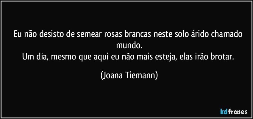 Eu não desisto de semear rosas brancas neste solo árido chamado mundo.
Um dia, mesmo que aqui eu não mais esteja, elas irão brotar. (Joana Tiemann)