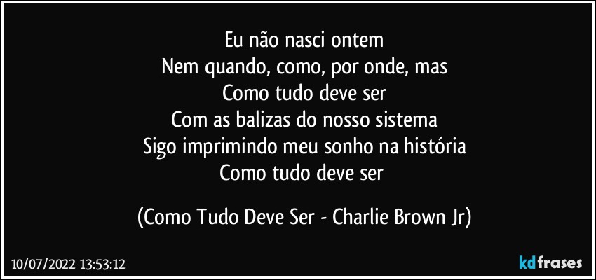 Eu não nasci ontem
Nem quando, como, por onde, mas
Como tudo deve ser
Com as balizas do nosso sistema
Sigo imprimindo meu sonho na história
Como tudo deve ser (Como Tudo Deve Ser - Charlie Brown Jr)