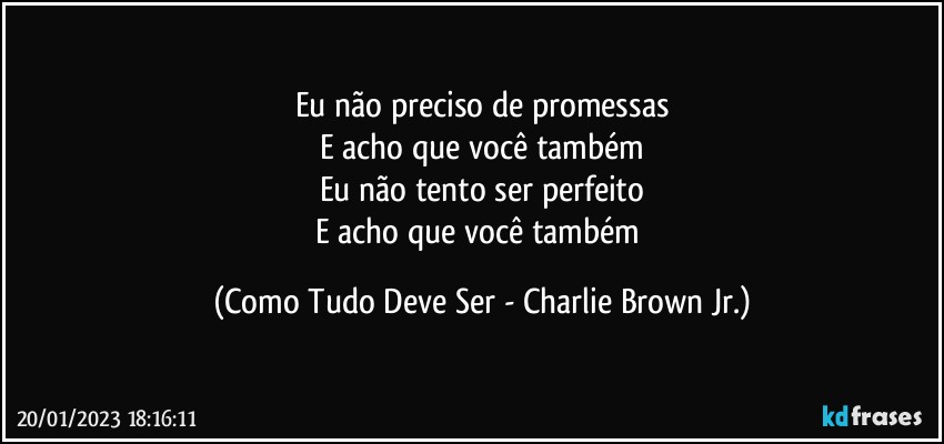 Eu não preciso de promessas
E acho que você também
Eu não tento ser perfeito
E acho que você também (Como Tudo Deve Ser - Charlie Brown Jr.)