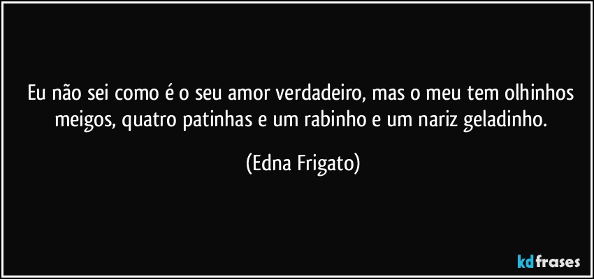 Eu não sei como é o seu amor verdadeiro, mas o meu tem olhinhos meigos, quatro patinhas e um rabinho e um nariz geladinho. (Edna Frigato)