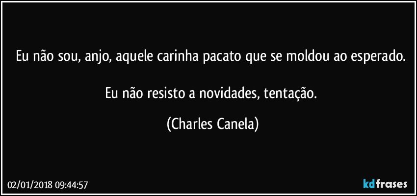 Eu não sou, anjo, aquele carinha pacato que se moldou ao esperado. 

Eu não resisto a novidades, tentação. (Charles Canela)