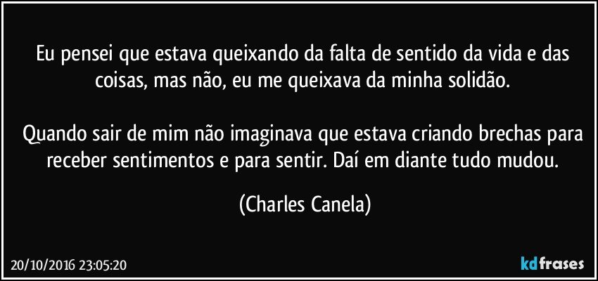 Eu pensei que estava queixando da falta de sentido da vida e das coisas, mas não, eu me queixava da minha solidão. 

Quando sair de mim não imaginava que estava criando brechas para receber sentimentos e para sentir. Daí em diante tudo mudou. (Charles Canela)