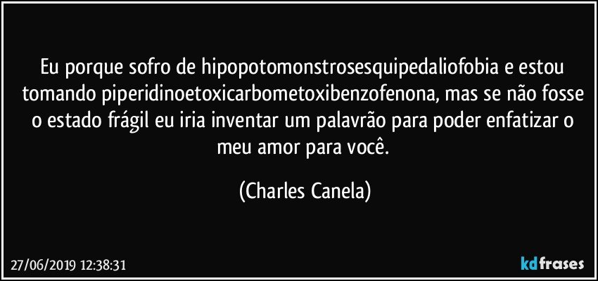 Eu porque sofro de hipopotomonstrosesquipedaliofobia e estou tomando piperidinoetoxicarbometoxibenzofenona, mas se não fosse o estado frágil eu iria inventar um palavrão para poder enfatizar o meu amor para você. (Charles Canela)