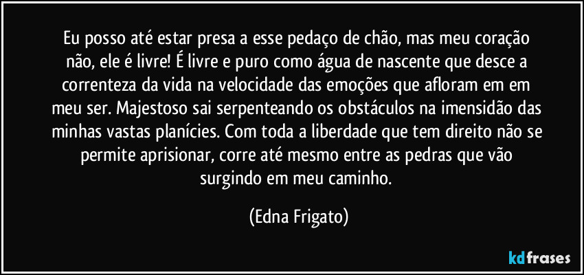 Eu posso até estar presa a esse pedaço de chão, mas meu coração não, ele é livre! É livre e puro como água de nascente que desce a correnteza da vida na velocidade das emoções que afloram em em meu ser. Majestoso sai serpenteando os obstáculos na imensidão das minhas vastas planícies. Com toda a liberdade que tem direito não se permite aprisionar, corre até mesmo entre as pedras que vão surgindo em meu caminho. (Edna Frigato)