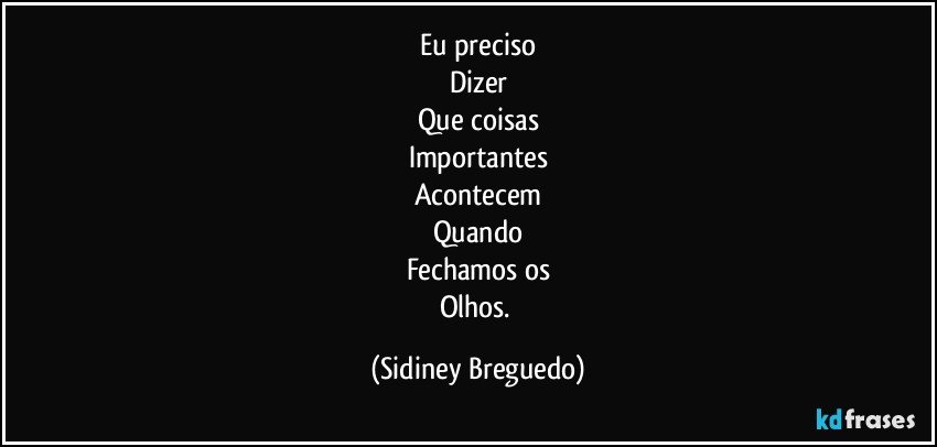 Eu preciso
Dizer
Que coisas
Importantes
Acontecem
Quando
Fechamos os
Olhos. (Sidiney Breguedo)