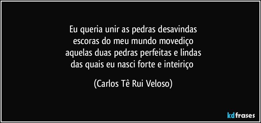 Eu queria unir as pedras desavindas
escoras do meu mundo movediço
aquelas duas pedras perfeitas e lindas
das quais eu nasci forte e inteiriço (Carlos Tê Rui Veloso)