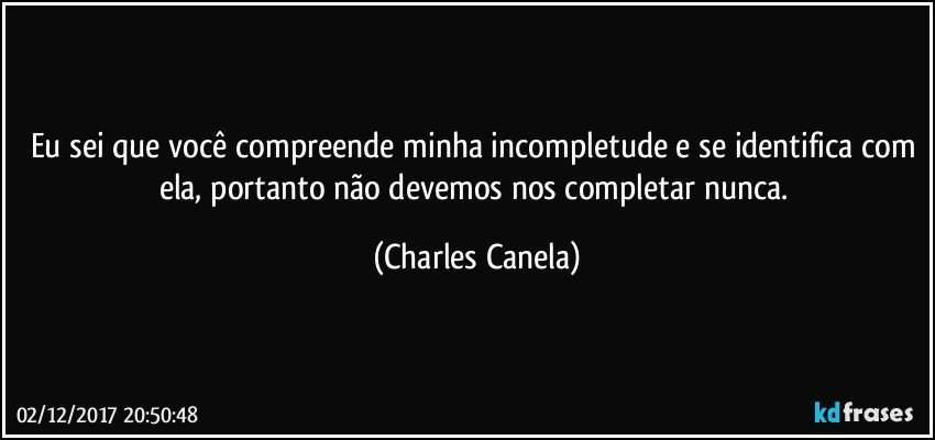 Eu sei que você compreende minha incompletude e se identifica com ela, portanto não devemos nos completar nunca. (Charles Canela)