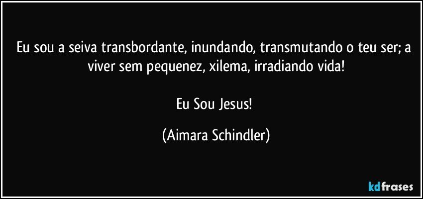 Eu sou a seiva transbordante, inundando, transmutando o teu ser;  a viver sem pequenez, xilema,  irradiando vida!

Eu Sou Jesus! (Aimara Schindler)