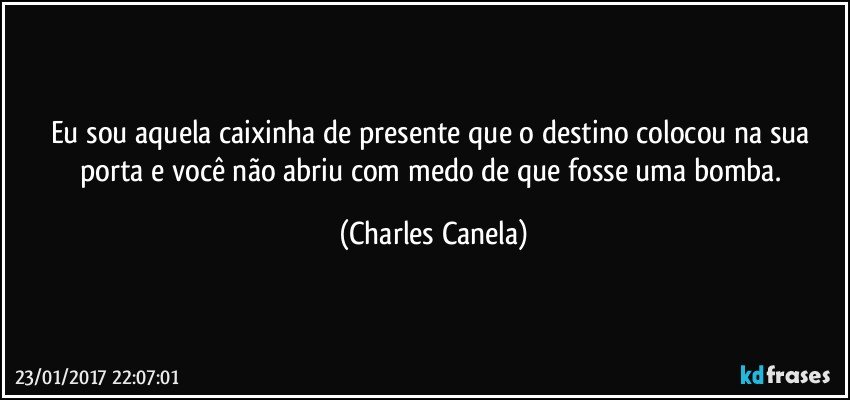 Eu sou aquela caixinha de presente que o destino colocou na sua porta e você não abriu com medo de que fosse uma bomba. (Charles Canela)