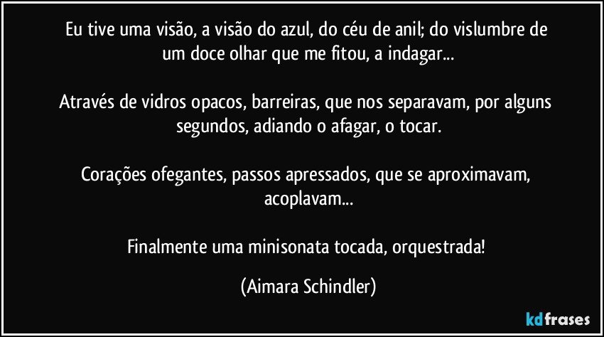 Eu tive uma visão, a visão do azul, do céu de anil; do vislumbre de um doce olhar que me fitou, a indagar...

Através de vidros opacos, barreiras, que nos separavam, por alguns segundos, adiando o afagar, o tocar.

Corações ofegantes, passos apressados, que se aproximavam, acoplavam...

Finalmente uma minisonata tocada, orquestrada! (Aimara Schindler)