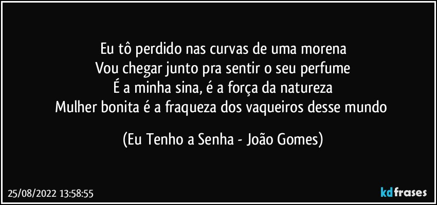 Eu tô perdido nas curvas de uma morena
Vou chegar junto pra sentir o seu perfume
É a minha sina, é a força da natureza
Mulher bonita é a fraqueza dos vaqueiros desse mundo (Eu Tenho a Senha - João Gomes)