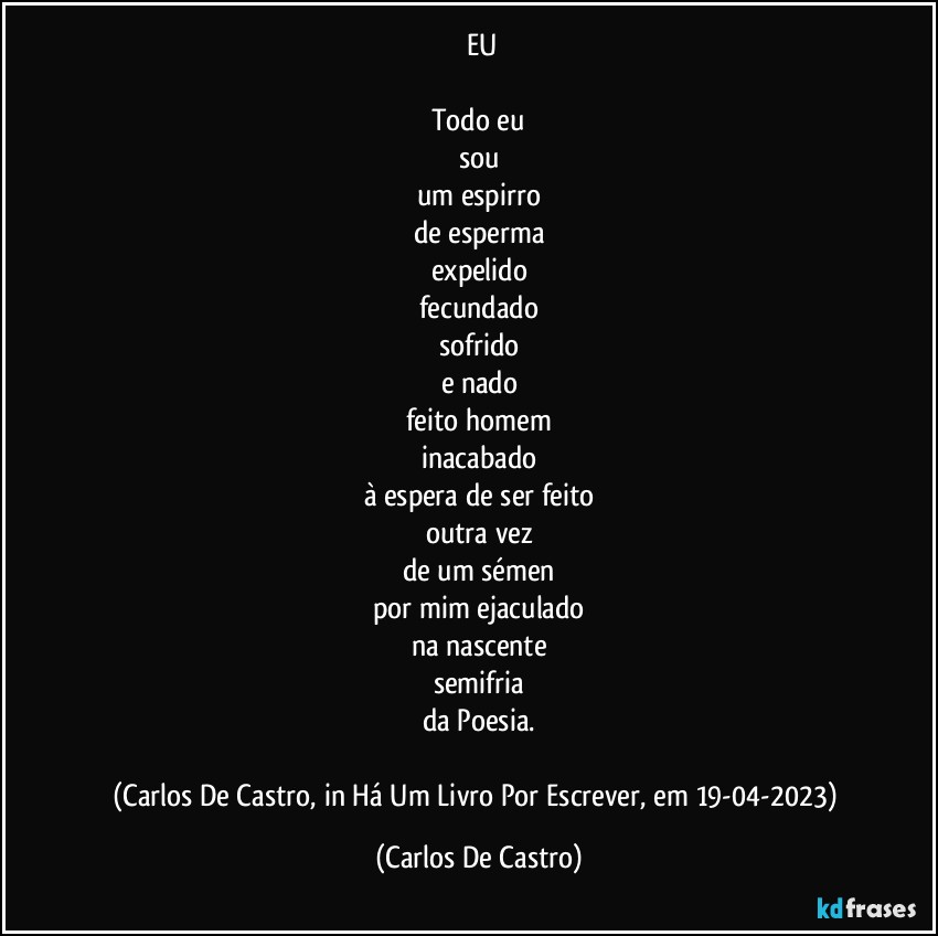 ⁠EU

Todo eu
sou
um espirro
de esperma
expelido
fecundado
sofrido
e nado
feito homem
inacabado
à espera de ser feito
outra vez
de um sémen
por mim ejaculado
na nascente
semifria
da Poesia.

(Carlos De Castro, in Há Um Livro Por Escrever, em 19-04-2023) (Carlos De Castro)