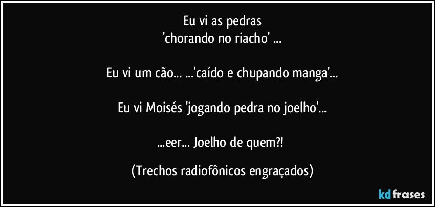 Eu vi as pedras
'chorando no riacho' ...

Eu vi um cão... ...'caído e chupando manga'...

Eu vi Moisés 'jogando pedra no joelho'...

...eer... Joelho de quem?! (Trechos radiofônicos engraçados)