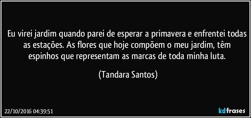 Eu virei jardim quando parei de esperar a primavera e enfrentei todas as estações. As flores que hoje compõem o meu jardim, têm espinhos que representam as marcas de toda minha luta. (Tandara Santos)