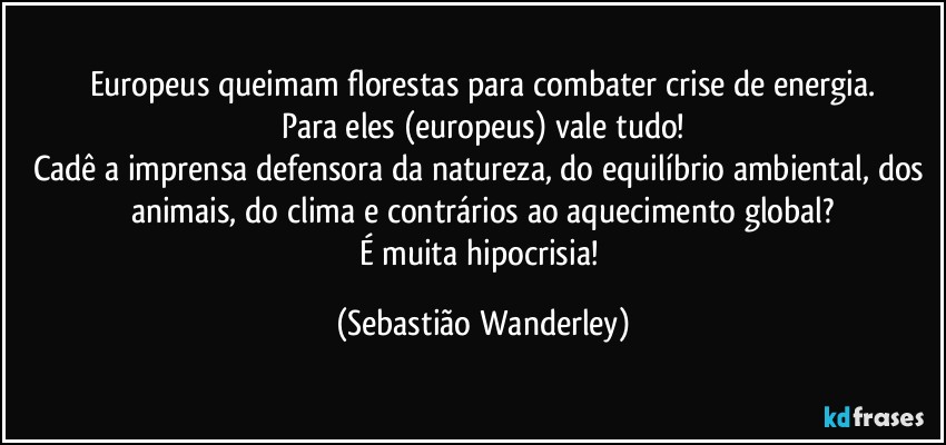 Europeus queimam florestas para combater crise de energia.
Para eles (europeus) vale tudo!
Cadê a imprensa defensora da natureza, do equilíbrio ambiental, dos animais, do clima e contrários ao aquecimento global?
É muita hipocrisia! (Sebastião Wanderley)