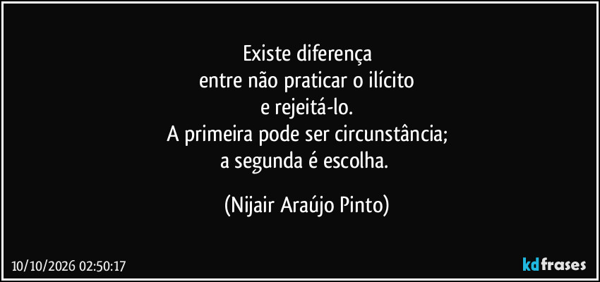 Existe diferença
entre não praticar o ilícito
e rejeitá-lo.
A primeira pode ser circunstância;
a segunda é escolha. (Nijair Araújo Pinto)
