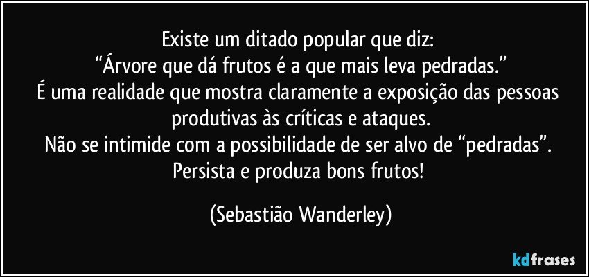 Existe um ditado popular que diz: 
“Árvore que dá frutos é a que mais leva pedradas.”
É uma realidade que mostra claramente a exposição das pessoas produtivas às críticas e ataques.
Não se intimide com a possibilidade de ser alvo de “pedradas”. 
Persista e produza bons frutos! (Sebastião Wanderley)