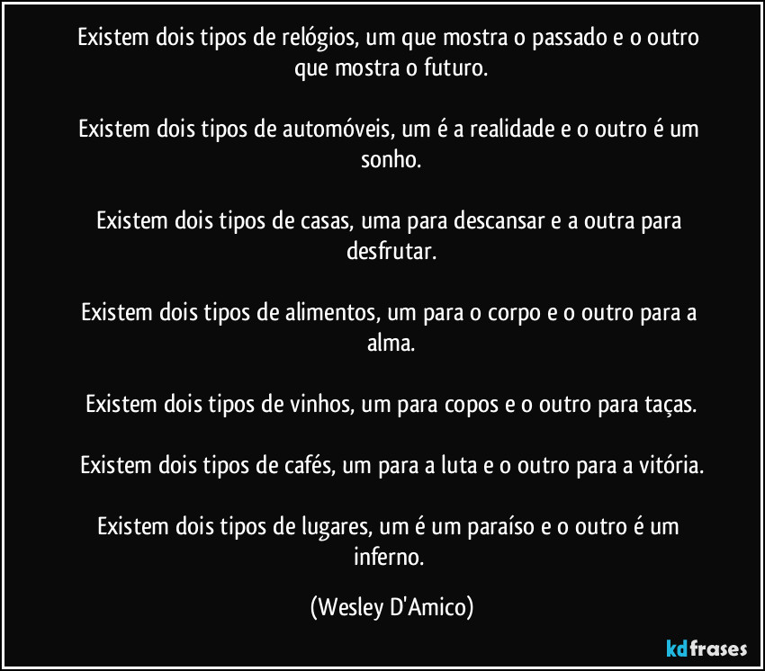 Existem dois tipos de relógios, um que mostra o passado e o outro que mostra o futuro.

Existem dois tipos de automóveis, um é a realidade e o outro é um sonho.

Existem dois tipos de casas, uma para descansar e a outra para desfrutar.

Existem dois tipos de alimentos, um para o corpo e o outro para a alma.

Existem dois tipos de vinhos, um para copos e o outro para taças.

Existem dois tipos de cafés, um para a luta e o outro para a vitória.

Existem dois tipos de lugares, um é um paraíso e o outro é um inferno. (Wesley D'Amico)