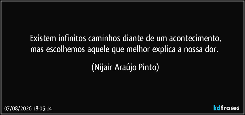 Existem infinitos caminhos diante de um acontecimento,
mas escolhemos aquele que melhor explica a nossa dor. (Nijair Araújo Pinto)