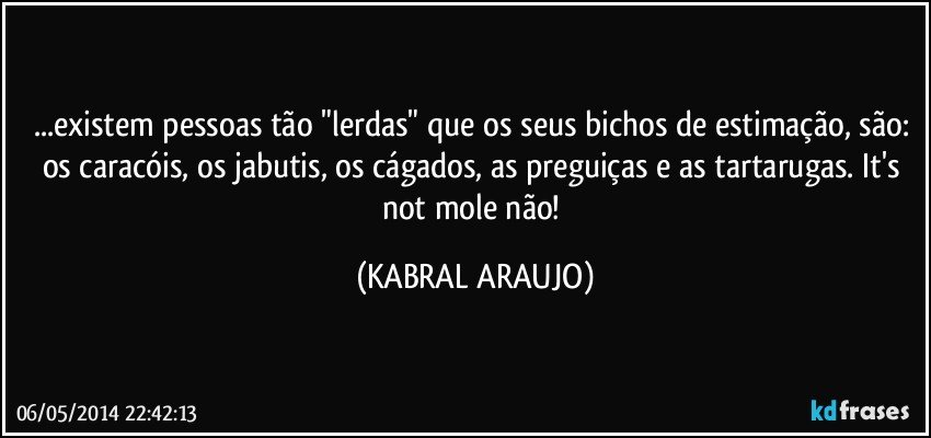 ...existem pessoas tão "lerdas" que os seus bichos de estimação, são: os caracóis, os jabutis, os cágados, as preguiças e as tartarugas. It's not mole não! (KABRAL ARAUJO)