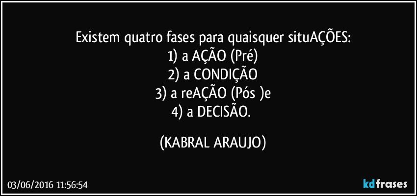 Existem quatro fases para quaisquer situAÇÕES:
1) a AÇÃO (Pré)
2) a CONDIÇÃO
3) a reAÇÃO (Pós )e
4) a DECISÃO. (KABRAL ARAUJO)