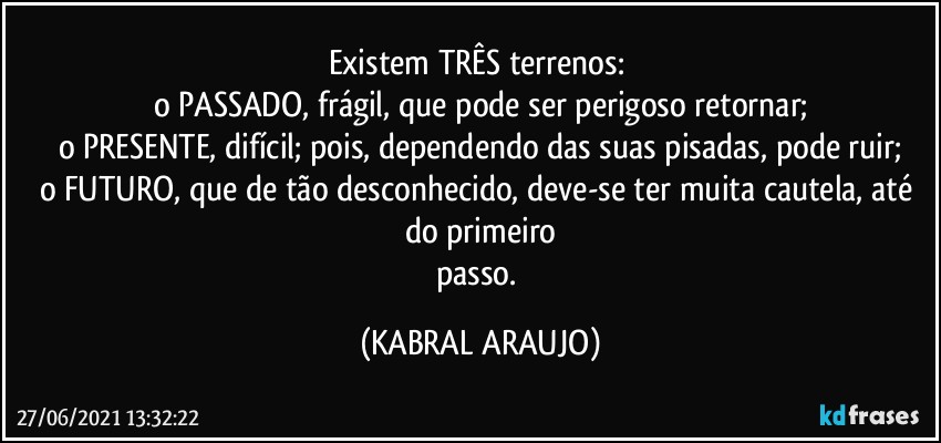 Existem TRÊS terrenos: 
o PASSADO, frágil, que pode ser perigoso retornar;
o PRESENTE, difícil; pois, dependendo das suas pisadas, pode ruir;
o FUTURO, que de tão desconhecido, deve-se ter muita cautela, até do primeiro
passo. (KABRAL ARAUJO)