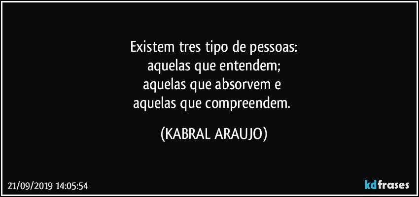 Existem tres tipo de pessoas:
aquelas que entendem;
aquelas que absorvem e 
aquelas que compreendem. (KABRAL ARAUJO)