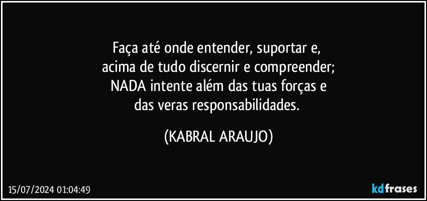 Faça até onde entender, suportar e, 
acima de tudo discernir e compreender;
NADA intente além das tuas forças e
das veras responsabilidades. (KABRAL ARAUJO)