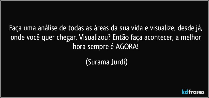 Faça uma análise de todas as áreas da sua vida e visualize, desde já, onde você quer chegar. Visualizou? Então faça acontecer, a melhor hora sempre é AGORA! (Surama Jurdi)