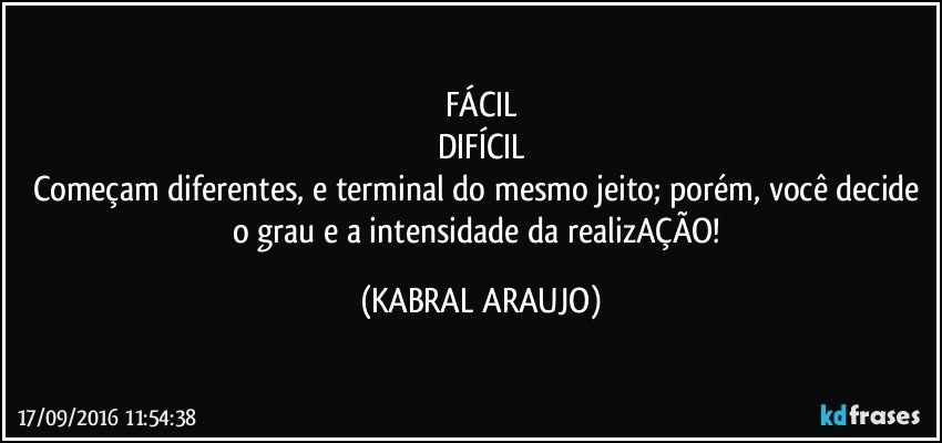 FÁCIL
DIFÍCIL
Começam diferentes, e terminal do mesmo jeito; porém, você decide o grau e a intensidade da realizAÇÃO! (KABRAL ARAUJO)