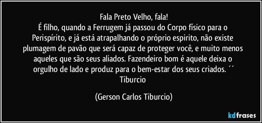 Fala Preto Velho, fala!
É filho, quando a Ferrugem já passou do Corpo físico para o Perispírito, e já está atrapalhando o próprio espirito, não existe plumagem de pavão que será capaz de proteger você, e muito menos aqueles que são seus aliados. Fazendeiro bom é aquele deixa o orgulho de lado e produz para o bem-estar dos seus criados. ´´
Tiburcio (Gerson Carlos Tiburcio)