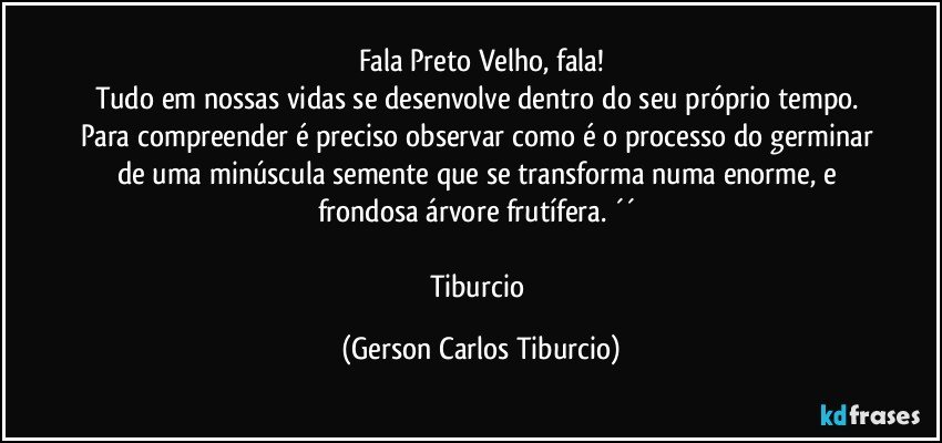 Fala Preto Velho, fala!
Tudo em nossas vidas se desenvolve dentro do seu próprio tempo. Para compreender é preciso observar como é o processo do germinar de uma minúscula semente que se transforma numa enorme, e frondosa árvore frutífera. ´´ 

Tiburcio (Gerson Carlos Tiburcio)