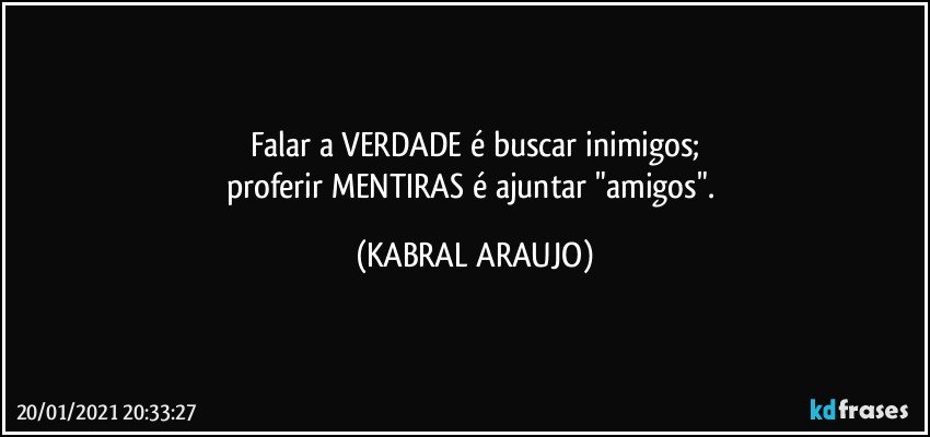 Falar a VERDADE é buscar inimigos;
proferir MENTIRAS é ajuntar "amigos". (KABRAL ARAUJO)