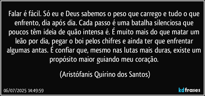 Falar é fácil. Só eu e Deus sabemos o peso que carrego e tudo o que enfrento, dia após dia. Cada passo é uma batalha silenciosa que poucos têm ideia de quão intensa é. É muito mais do que matar um leão por dia, pegar o boi pelos chifres e ainda ter que enfrentar algumas antas. É confiar que, mesmo nas lutas mais duras, existe um propósito maior guiando meu coração. (Aristófanis Quirino dos Santos)