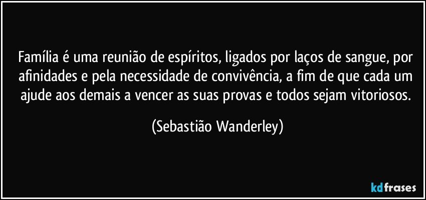 Família é uma reunião de espíritos, ligados por laços de sangue, por afinidades e pela necessidade de convivência, a fim de que cada um ajude aos demais a vencer as suas provas e todos sejam vitoriosos. (Sebastião Wanderley)