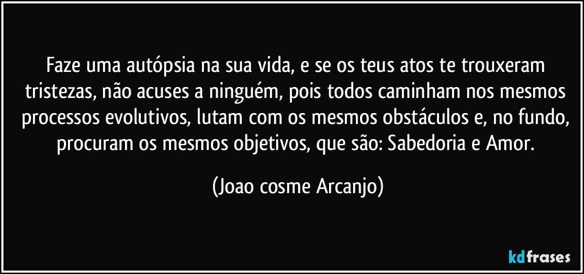 Faze uma autópsia na sua vida, e se os teus atos te trouxeram tristezas, não acuses a ninguém, pois todos caminham nos mesmos processos evolutivos, lutam com os mesmos obstáculos e, no fundo, procuram os mesmos objetivos, que são: Sabedoria e Amor. (Joao cosme Arcanjo)