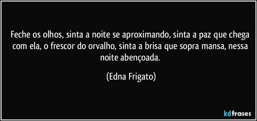 Feche os olhos, sinta a noite se aproximando, sinta a paz que chega com ela, o frescor do orvalho, sinta a brisa que sopra mansa, nessa noite abençoada. (Edna Frigato)